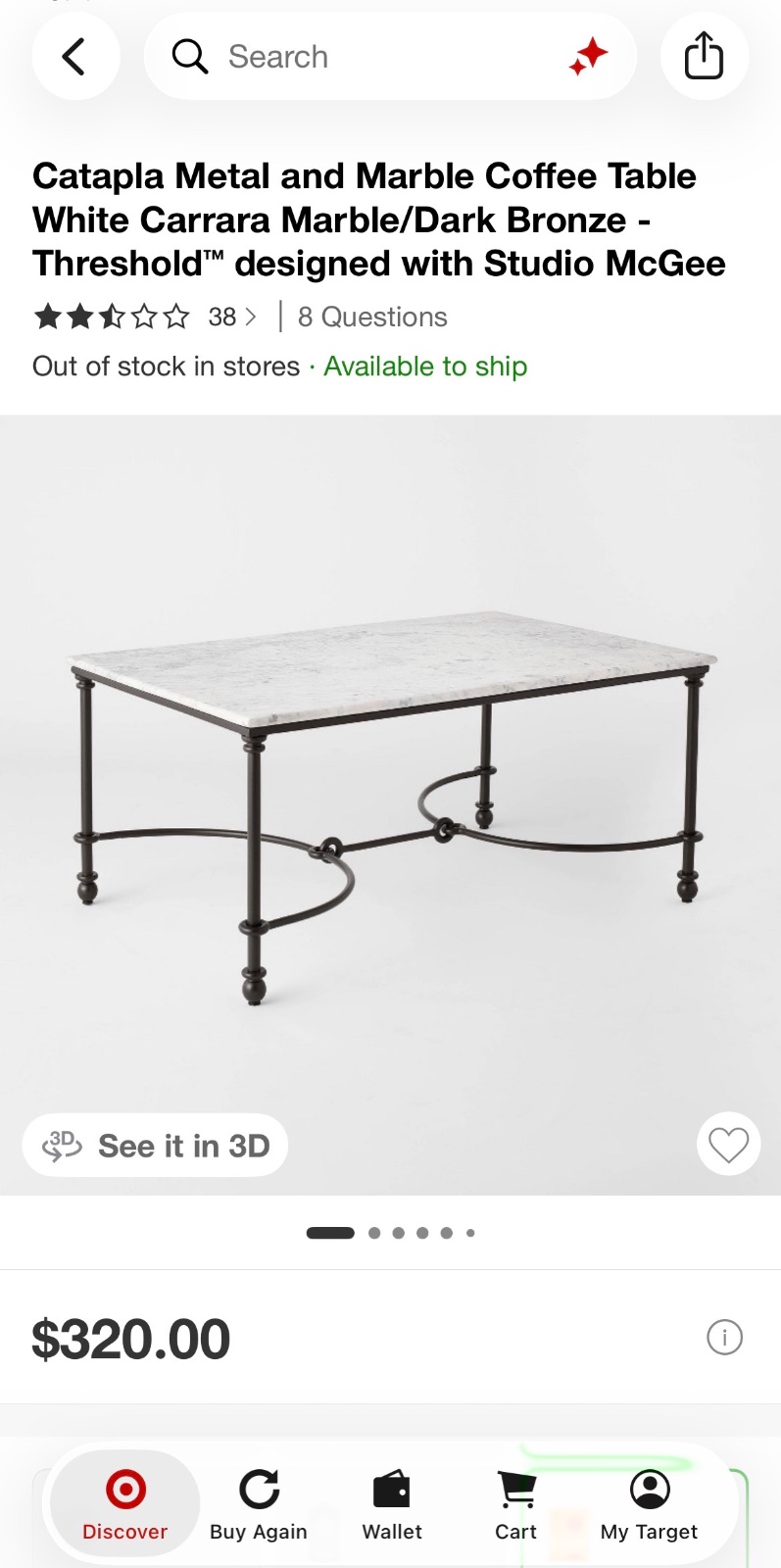 Catapla Metal and Marble Coffee Table White Carrara Marble/Dark Bronze - Threshold™ designed with Studio McGee — photo 2